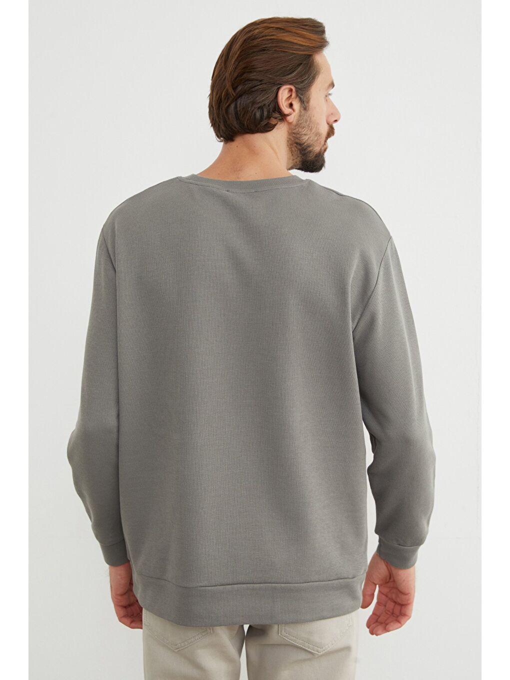 Haki Kabartma Baskılı Bisiklet Yaka Kazak-4