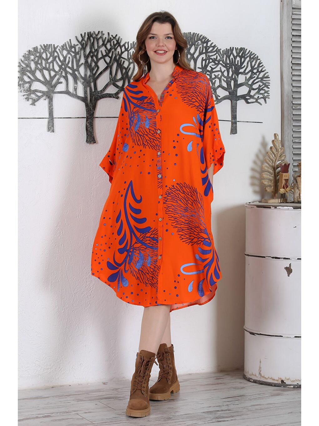 Turuncu Hakim Yaka 3/4 Kol Düğmeli Gizli Cepli Casual Oversize Dokuma Elbise 121 87-1