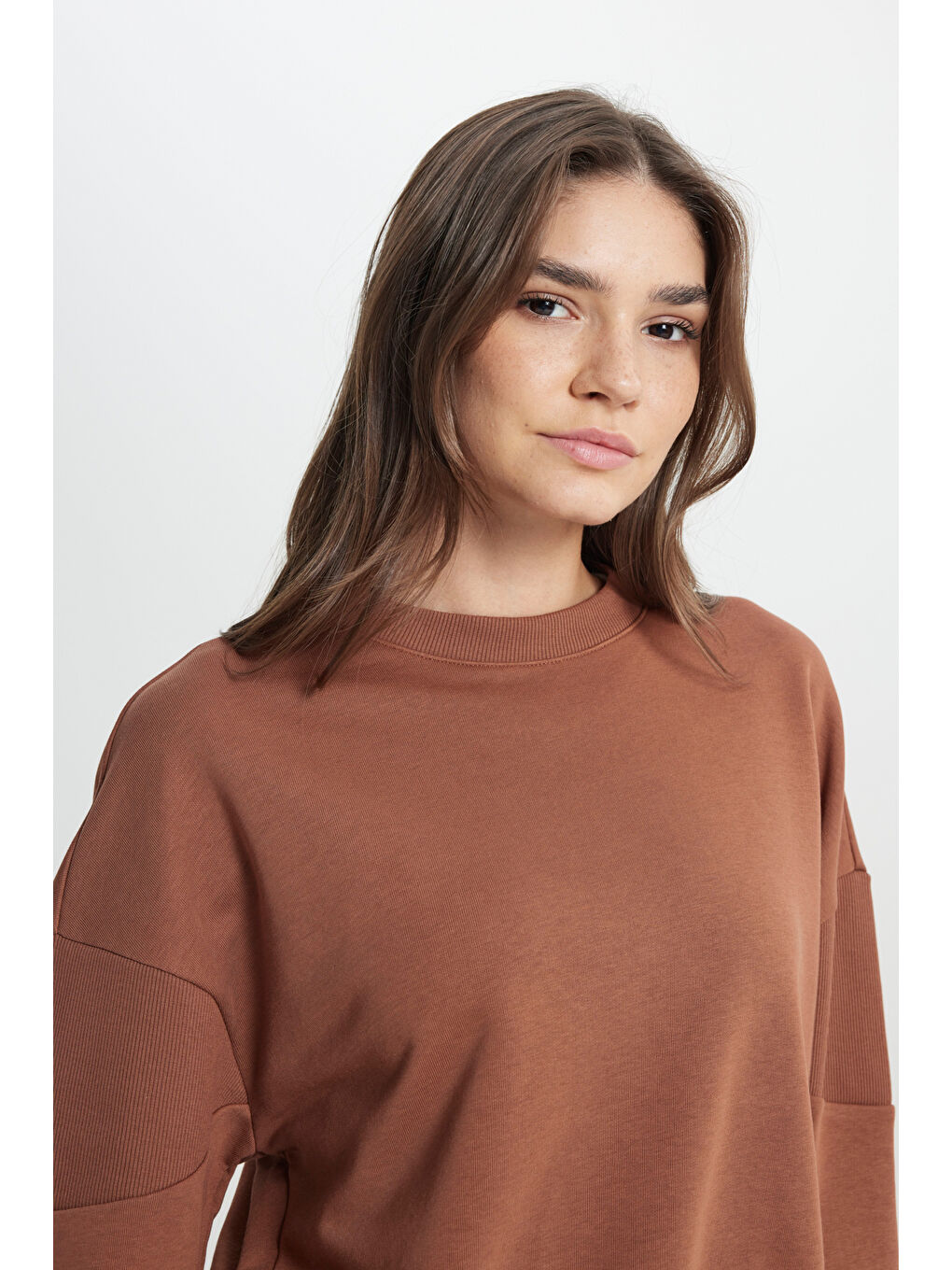 Kahverengi Relaxed Fit Geniş Kesim Bisiklet Yaka Deve Tüyü Sweatshirt-5
