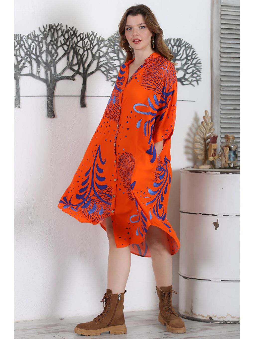 Turuncu Hakim Yaka 3/4 Kol Düğmeli Gizli Cepli Casual Oversize Dokuma Elbise 121 87-2