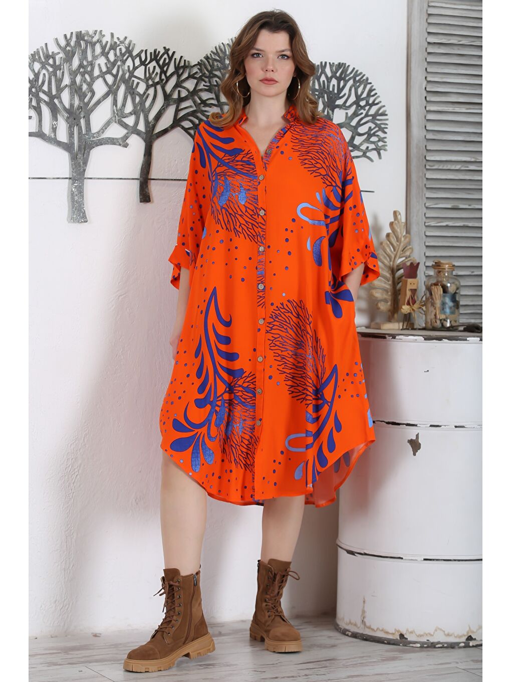 Turuncu Hakim Yaka 3/4 Kol Düğmeli Gizli Cepli Casual Oversize Dokuma Elbise 121 87-3