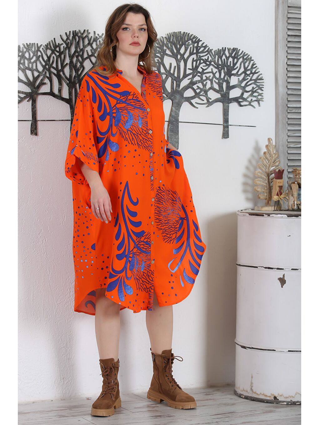 Turuncu Hakim Yaka 3/4 Kol Düğmeli Gizli Cepli Casual Oversize Dokuma Elbise 121 87-4