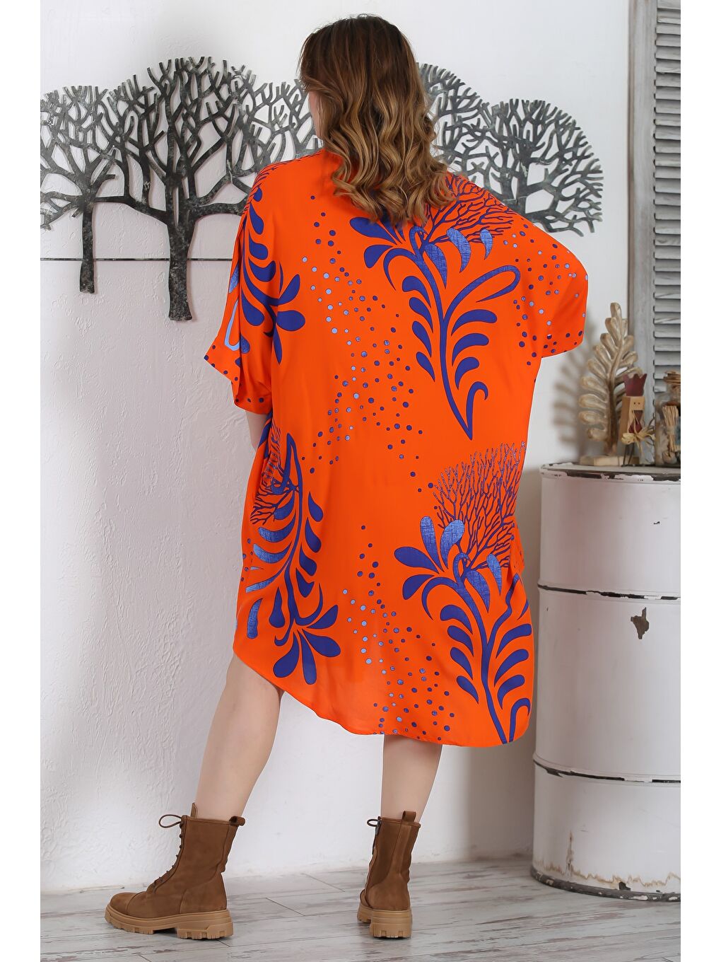 Turuncu Hakim Yaka 3/4 Kol Düğmeli Gizli Cepli Casual Oversize Dokuma Elbise 121 87-5