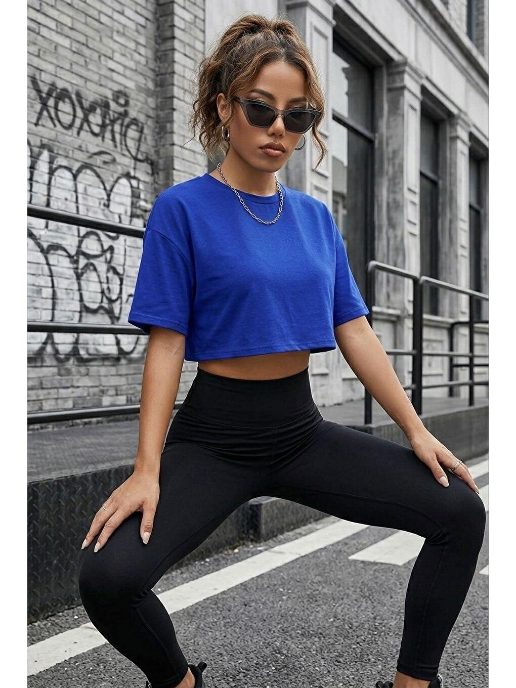 Mavi Cezyy Bisiklet Yaka Basic Oversize Crop Tişört - Pamuklu Rahat Kesim-1