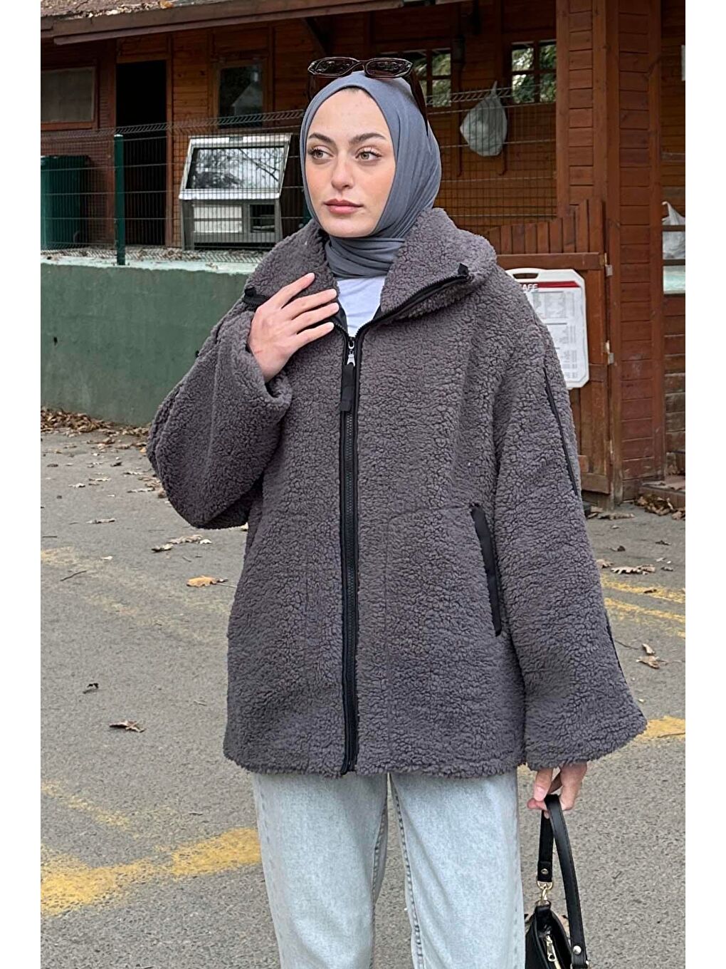 Gri Biye Detaylı Tedy Pelüş Mont Füme-1