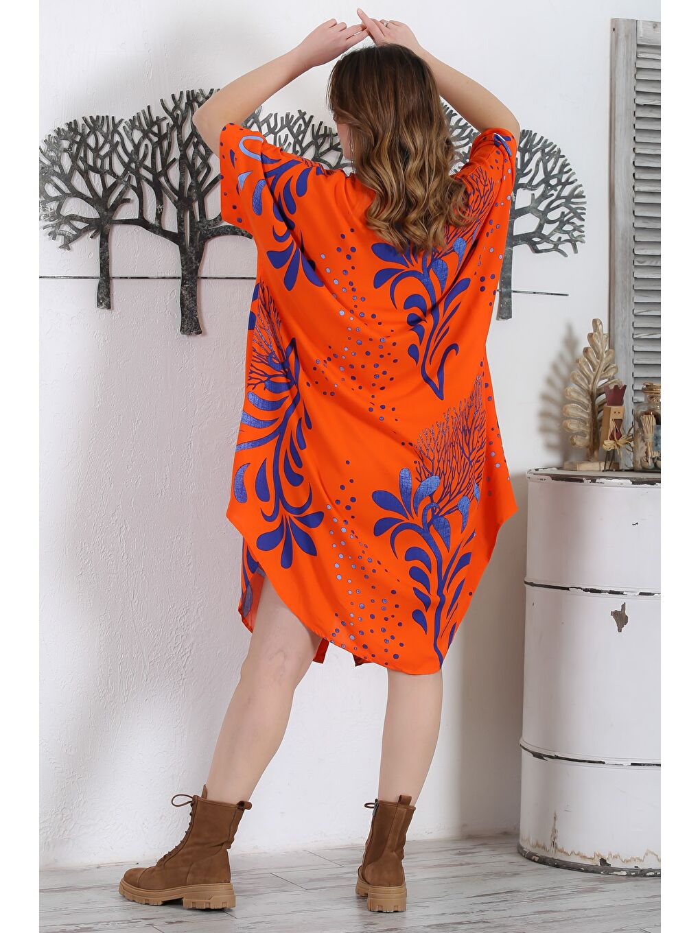 Turuncu Hakim Yaka 3/4 Kol Düğmeli Gizli Cepli Casual Oversize Dokuma Elbise 121 87-6