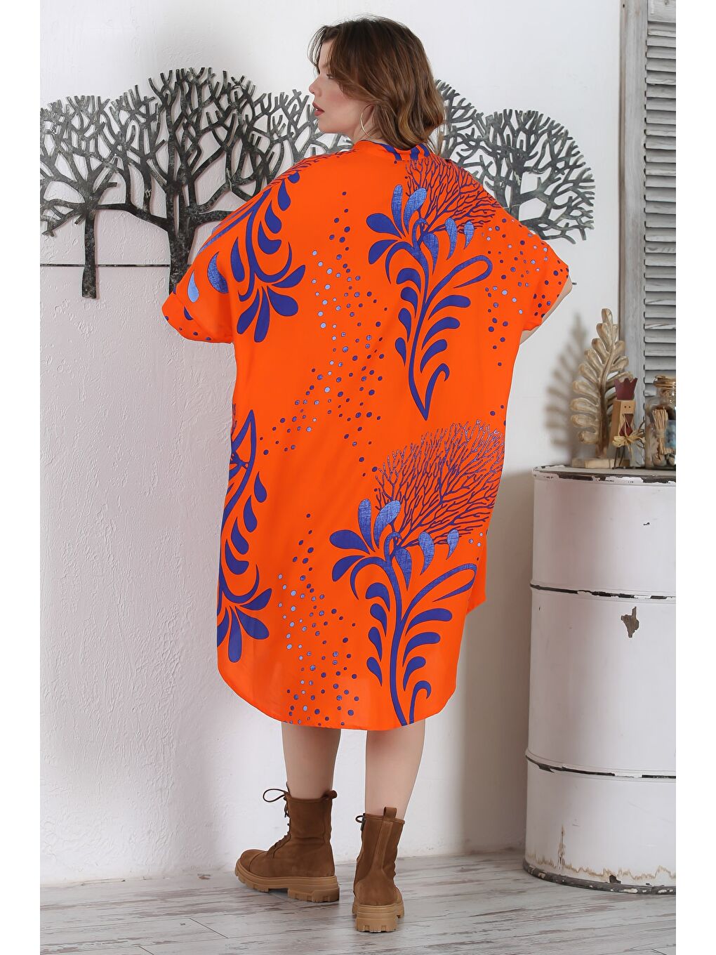 Turuncu Hakim Yaka 3/4 Kol Düğmeli Gizli Cepli Casual Oversize Dokuma Elbise 121 87-7