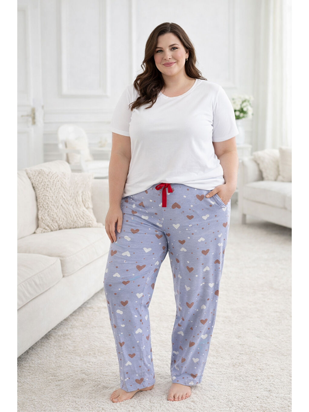 Büyük Beden Kadın Kalp Desen Viskon Kumaş Penye Battal Tek Pijama Alt 10 Lila-3