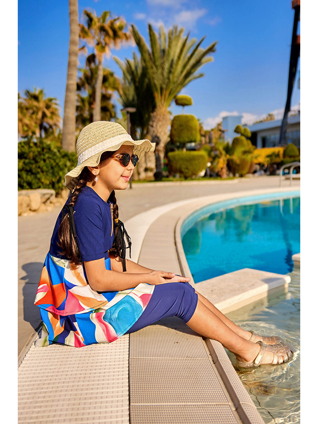 Lacivert Desenli UPF50+ Korumalı Kız Çocuk Mayosu C2506-1