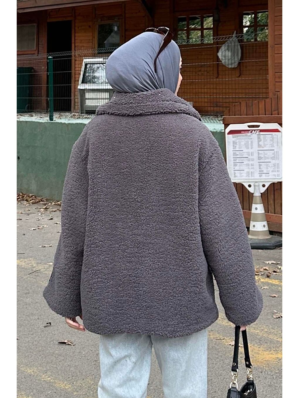 Gri Biye Detaylı Tedy Pelüş Mont Füme-3