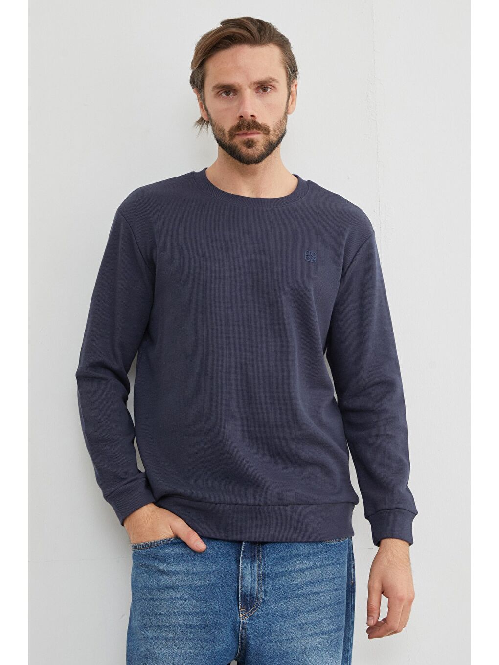 Lacivert Kabartma Baskılı Bisiklet Yaka Kazak-1