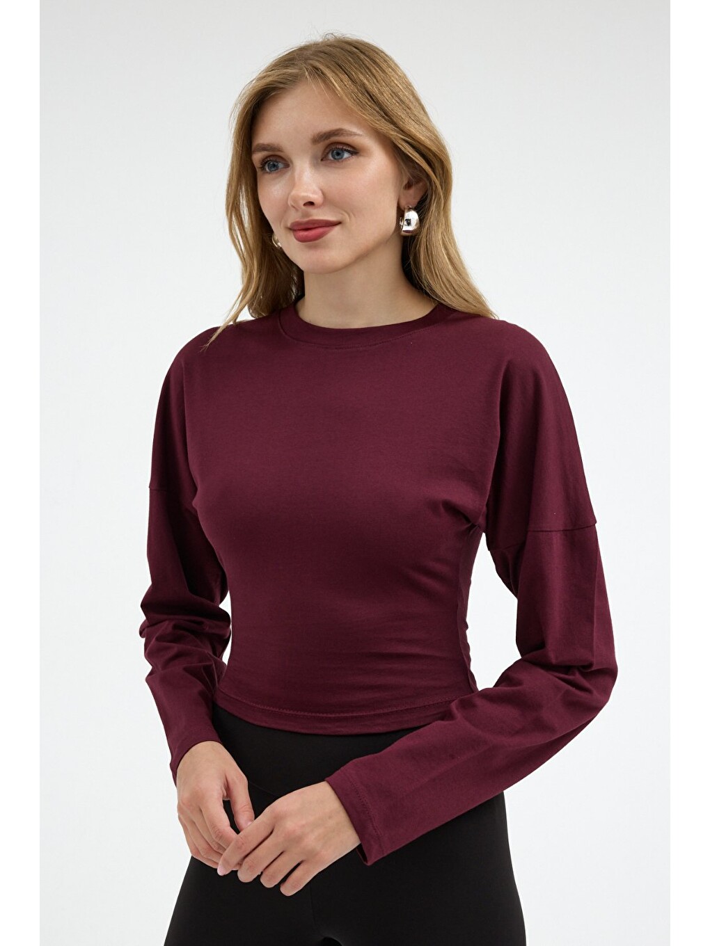 Kadın Uzun Kol Bele Oturan Bordo Crop Bluz-4