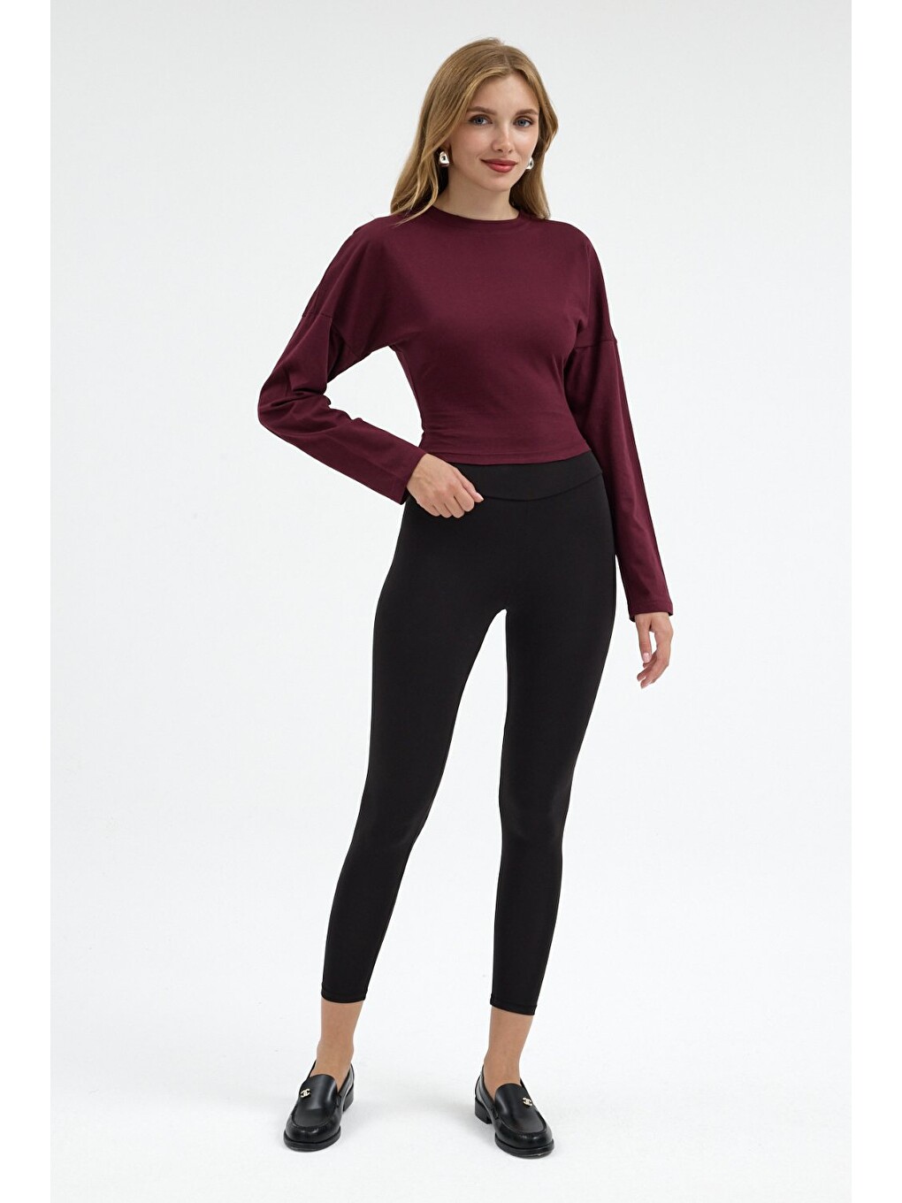 Kadın Uzun Kol Bele Oturan Bordo Crop Bluz-5