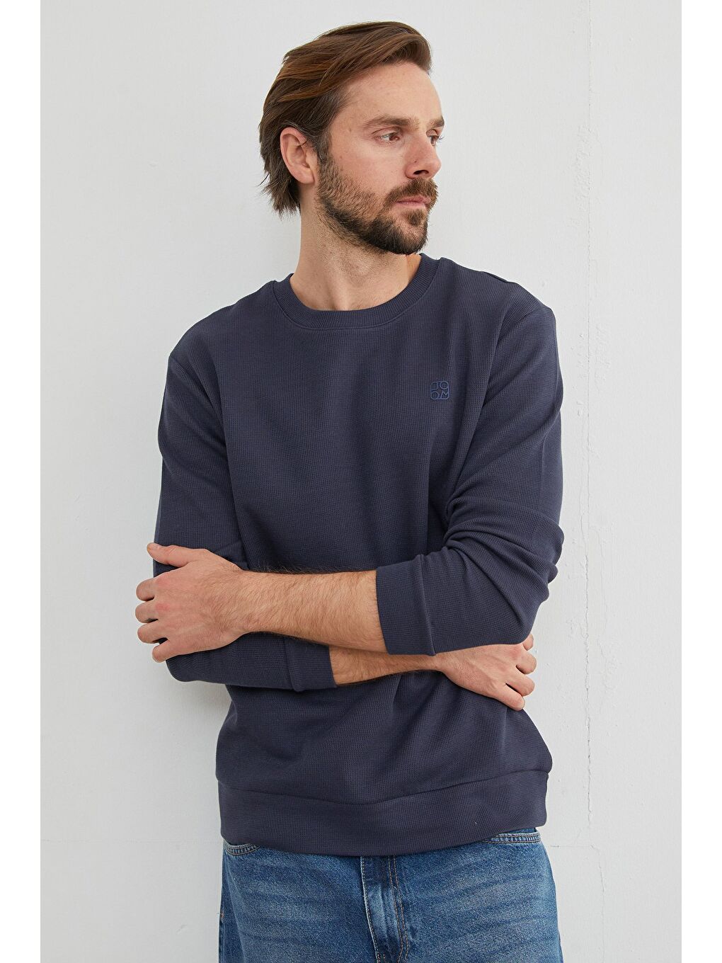 Lacivert Kabartma Baskılı Bisiklet Yaka Kazak-4