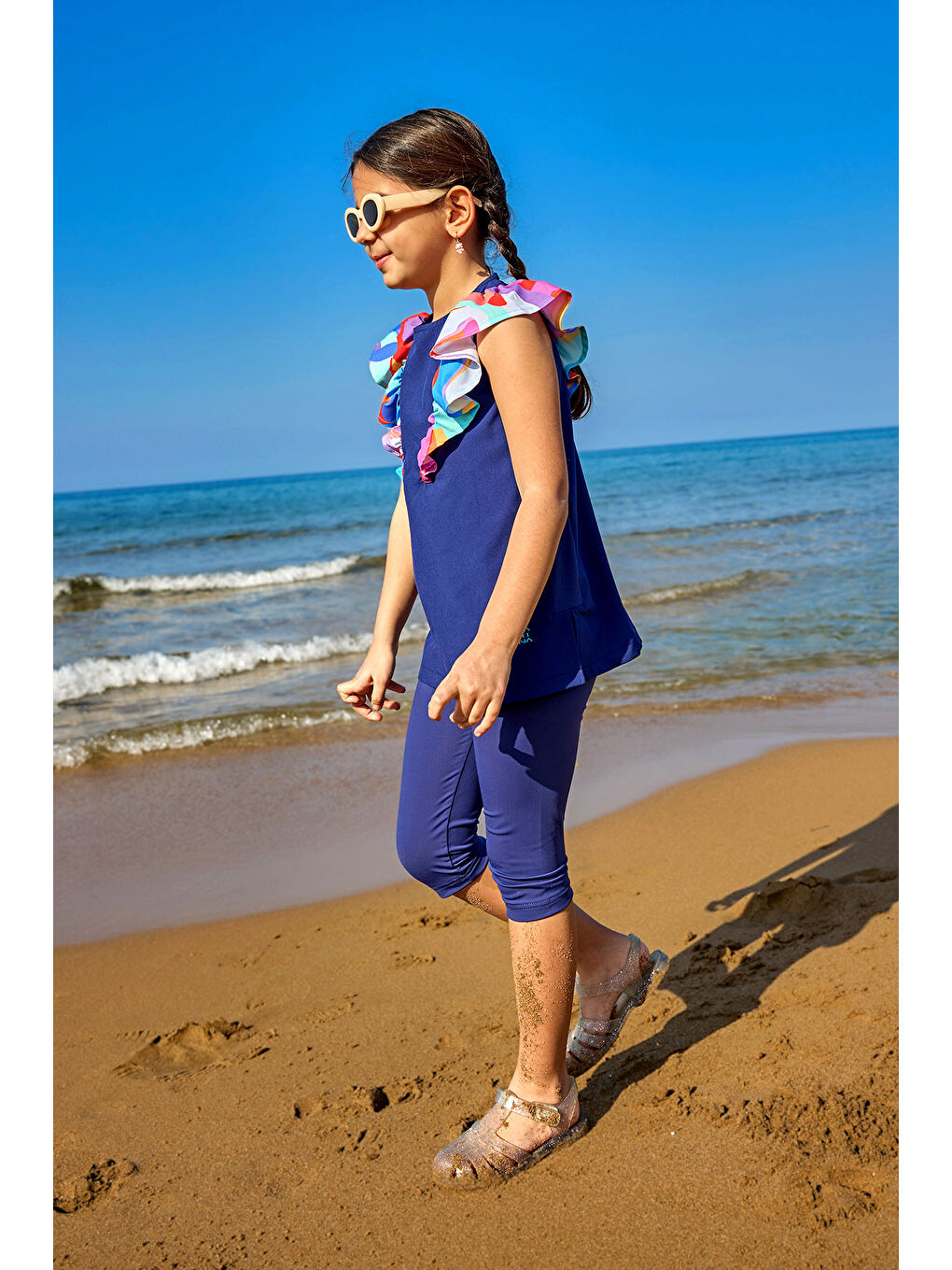 Lacivert UPF50+ Korumalı Kız Çocuk Mayosu C2502-1