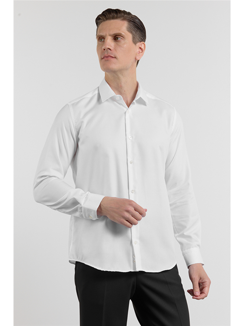 Beyaz Uzun Kol Sert Yaka Balıksırtı Desen %100 Pamuk Slim Fit Gömlek 1004255200-2