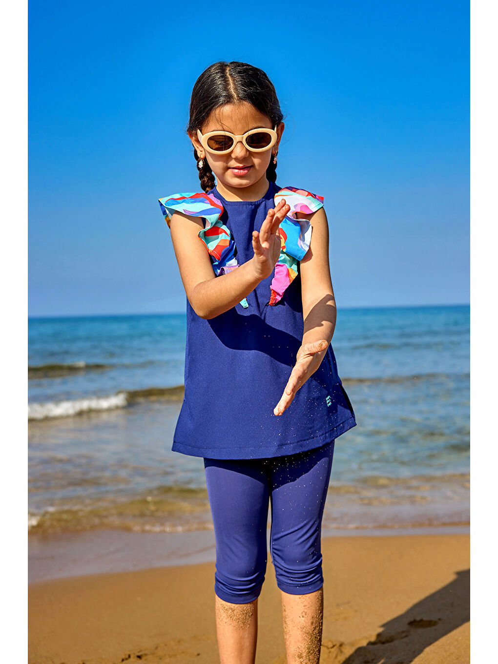 Lacivert UPF50+ Korumalı Kız Çocuk Mayosu C2502-2