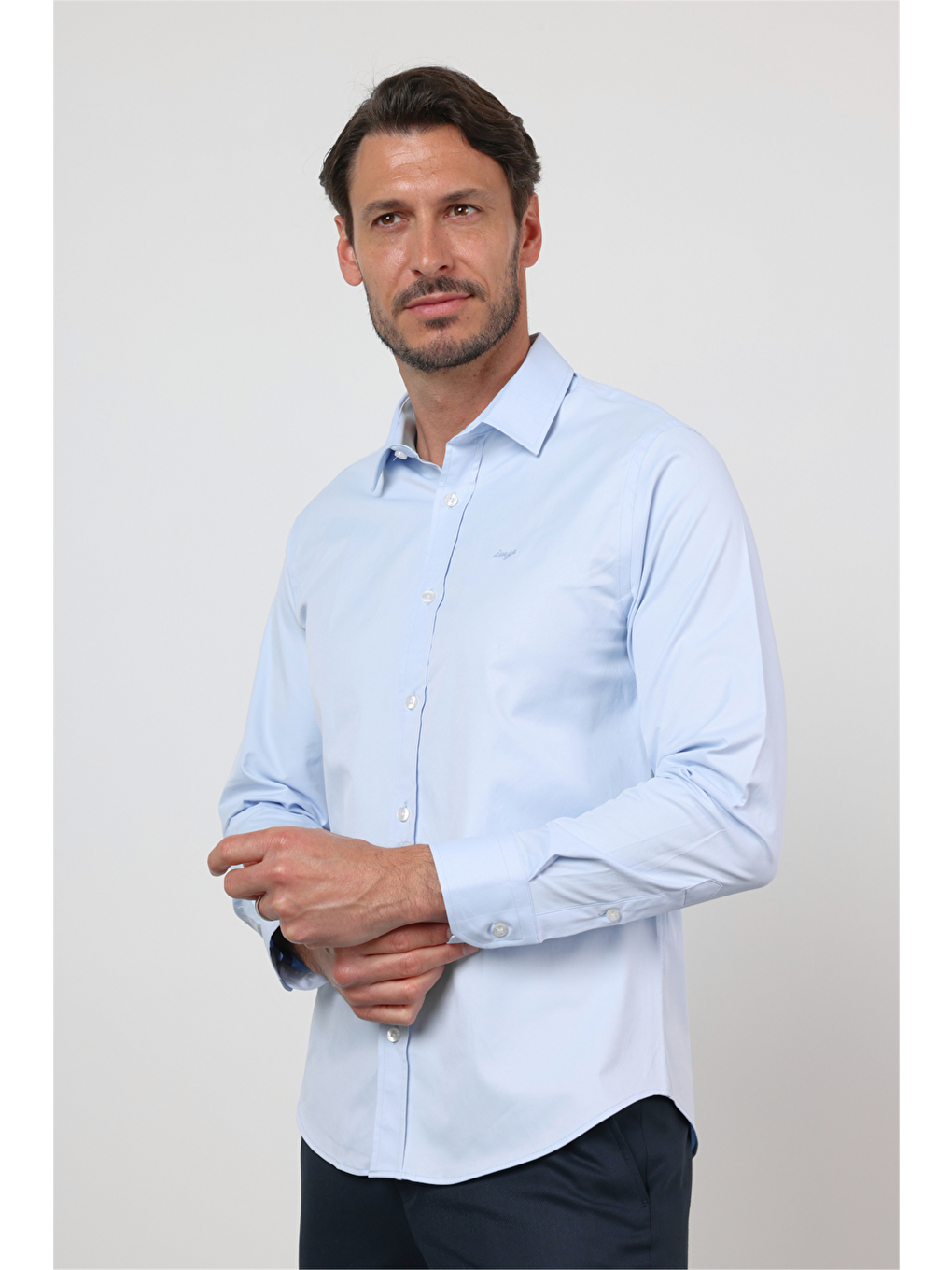 Mavi Sert Yaka Uzun Kol Cepsiz Slim Fit Pamuklu Gömlek 1004260213