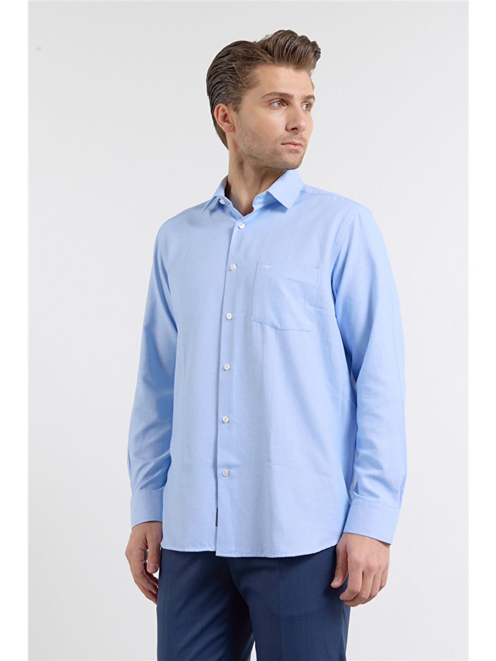 Mavi Sert Yaka Uzun Kol Cepli Comfort Fit Pamuklu Gömlek 1004255285-2