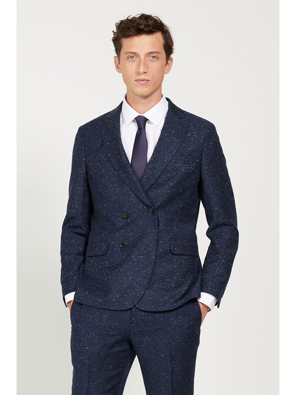 Erkek Lacivert Slim Fit Dar Kesim Kırlangıç Yaka Tweet Desenli Yünlü Takım Elbise