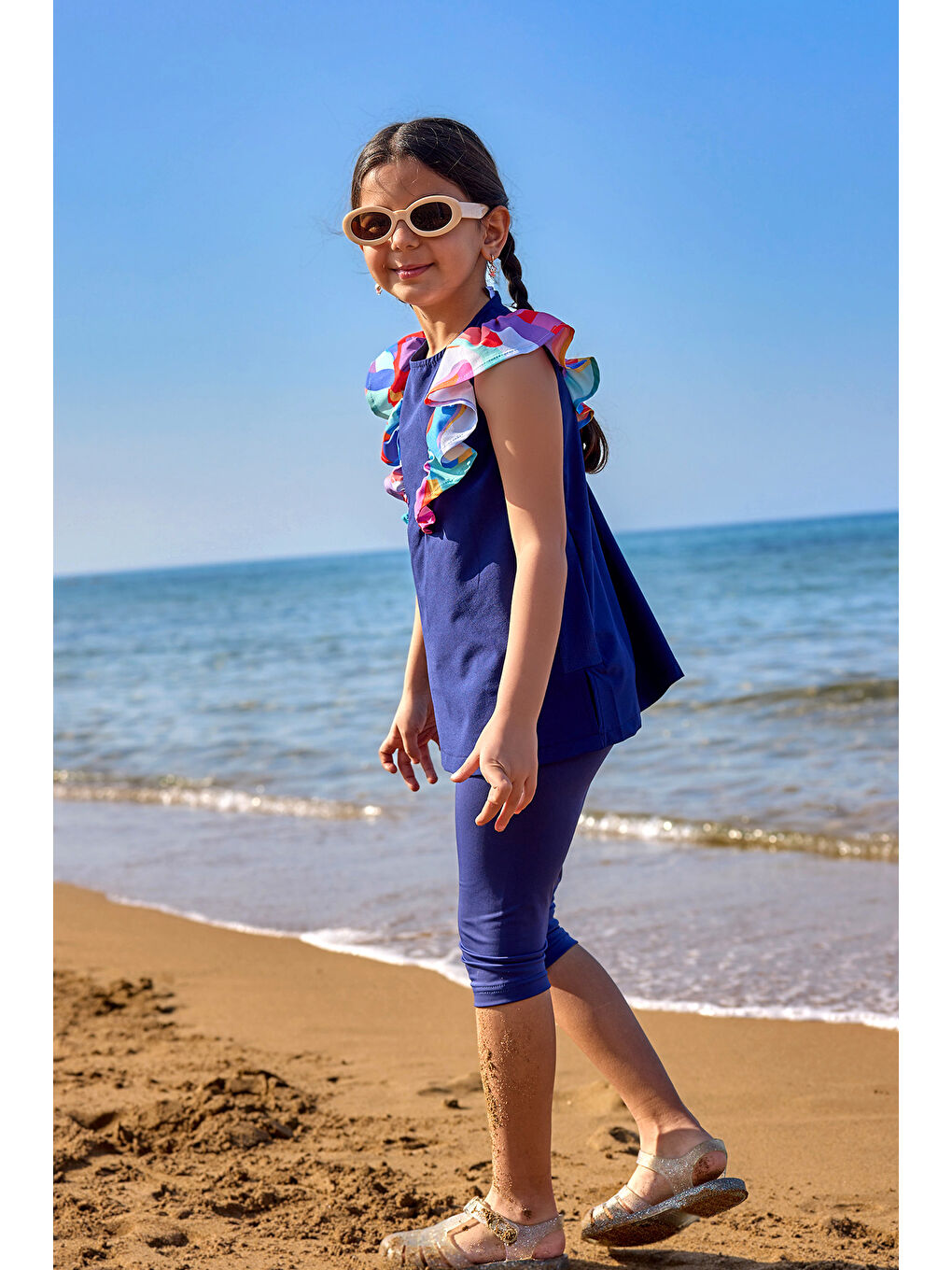 Lacivert UPF50+ Korumalı Kız Çocuk Mayosu C2502-3
