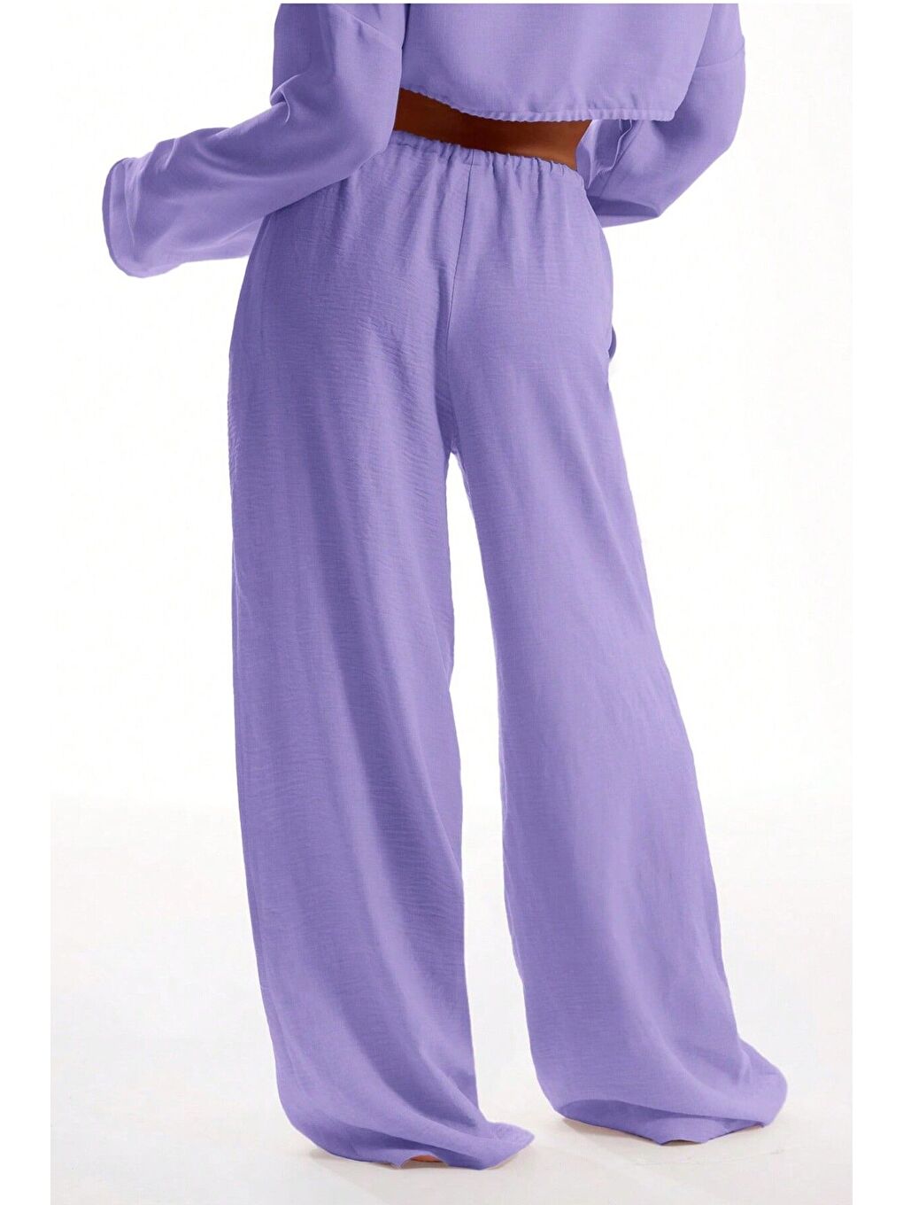 Leylak Moru Keten Aerobin Kumaş Bel Bağlamalı Geniş Paça Pantolon-1