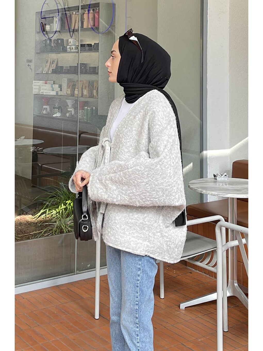 Bağlamalı Kaşe Kimono Gri-1