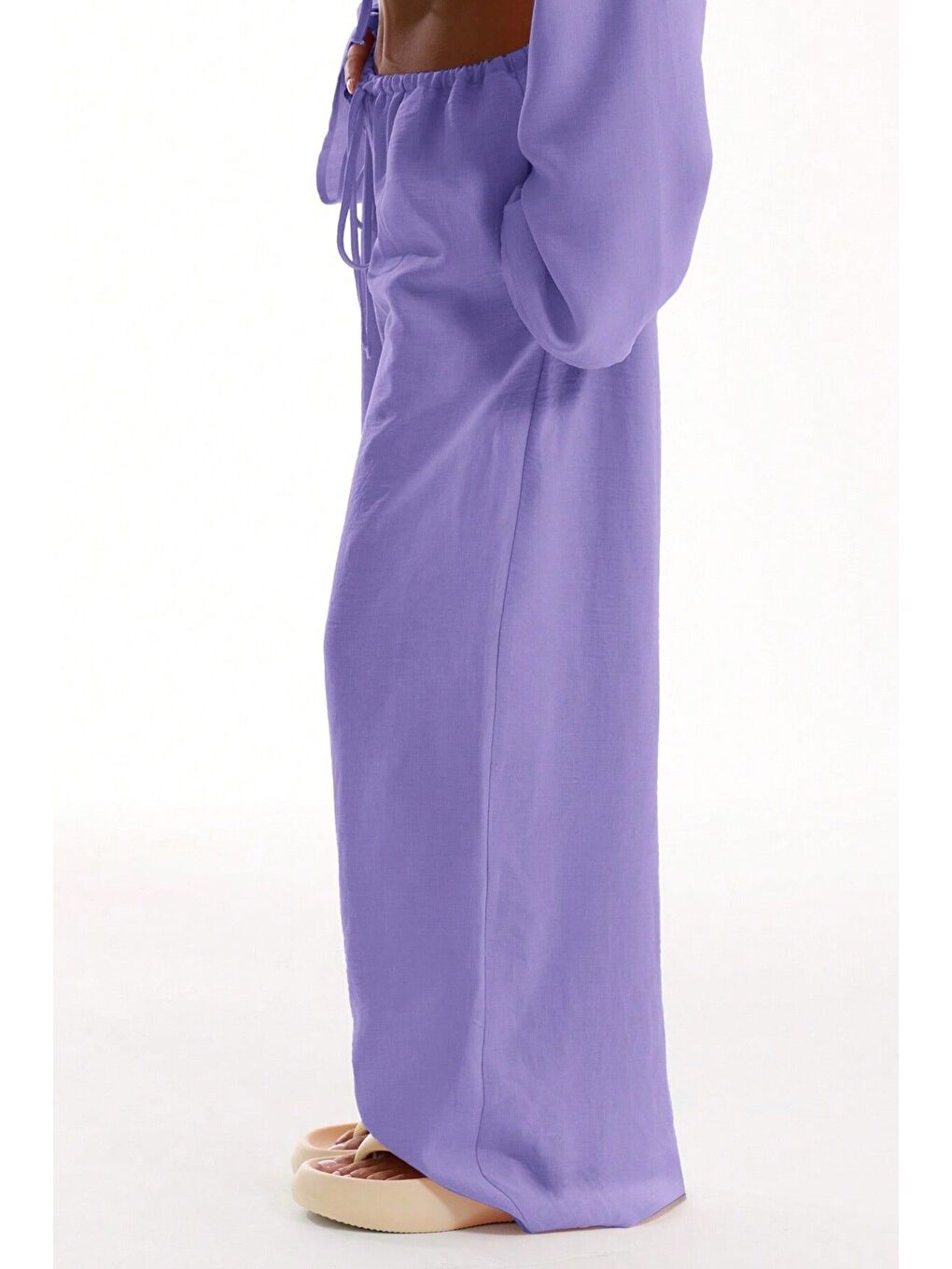 Leylak Moru Keten Aerobin Kumaş Bel Bağlamalı Geniş Paça Pantolon-3