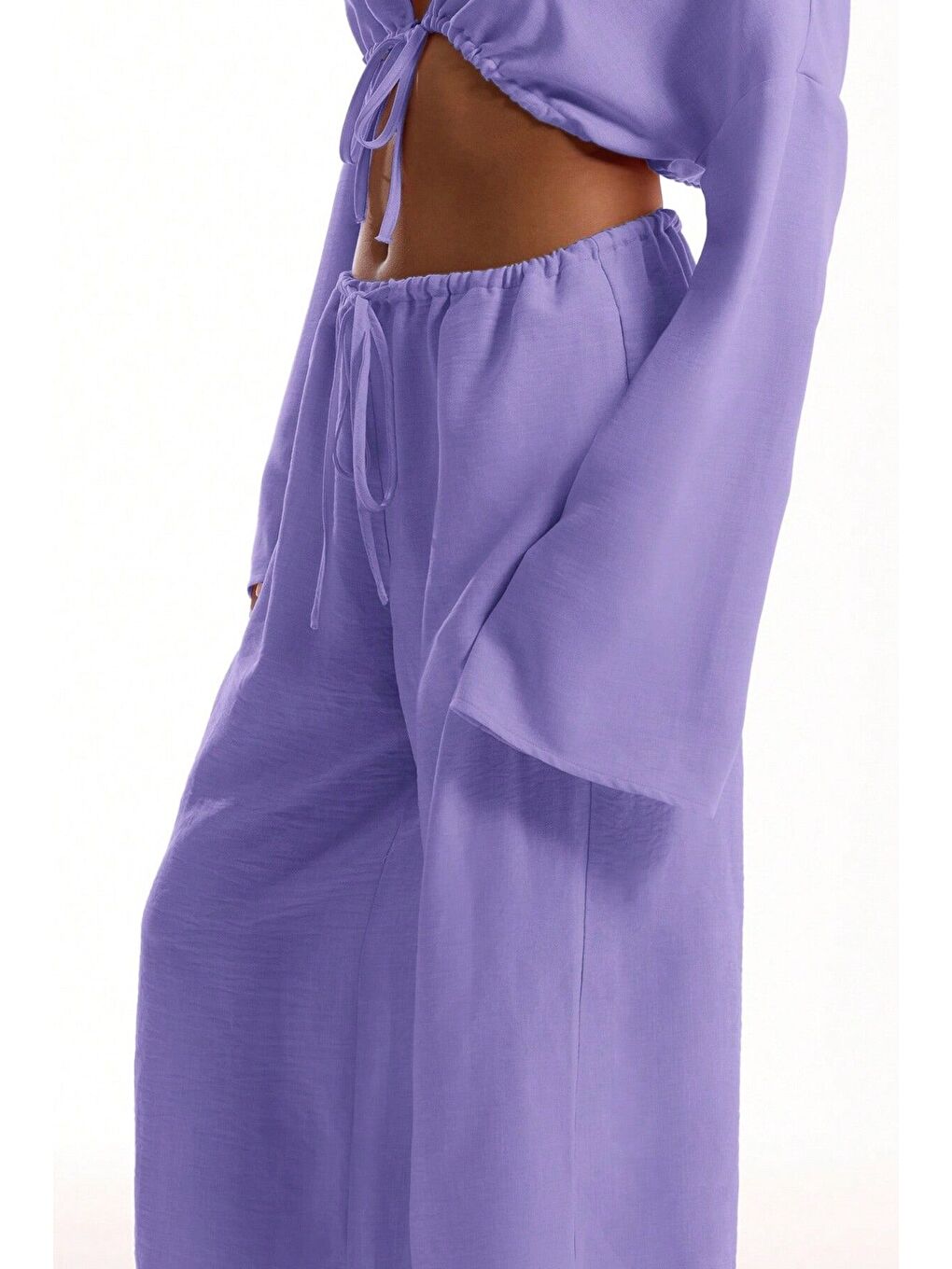 Leylak Moru Keten Aerobin Kumaş Bel Bağlamalı Geniş Paça Pantolon-4