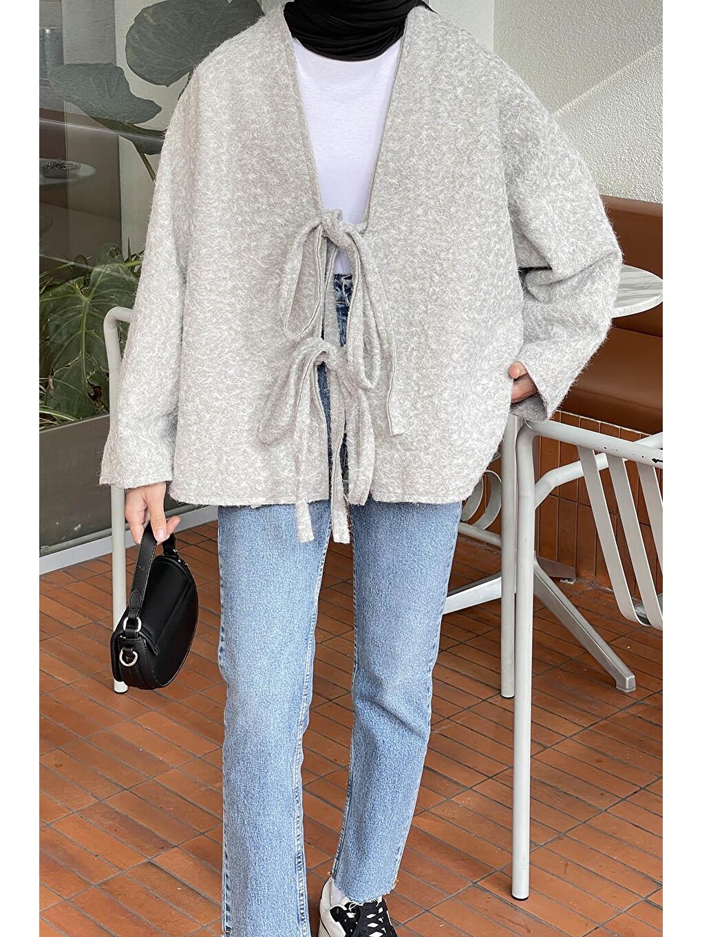 Bağlamalı Kaşe Kimono Gri-2