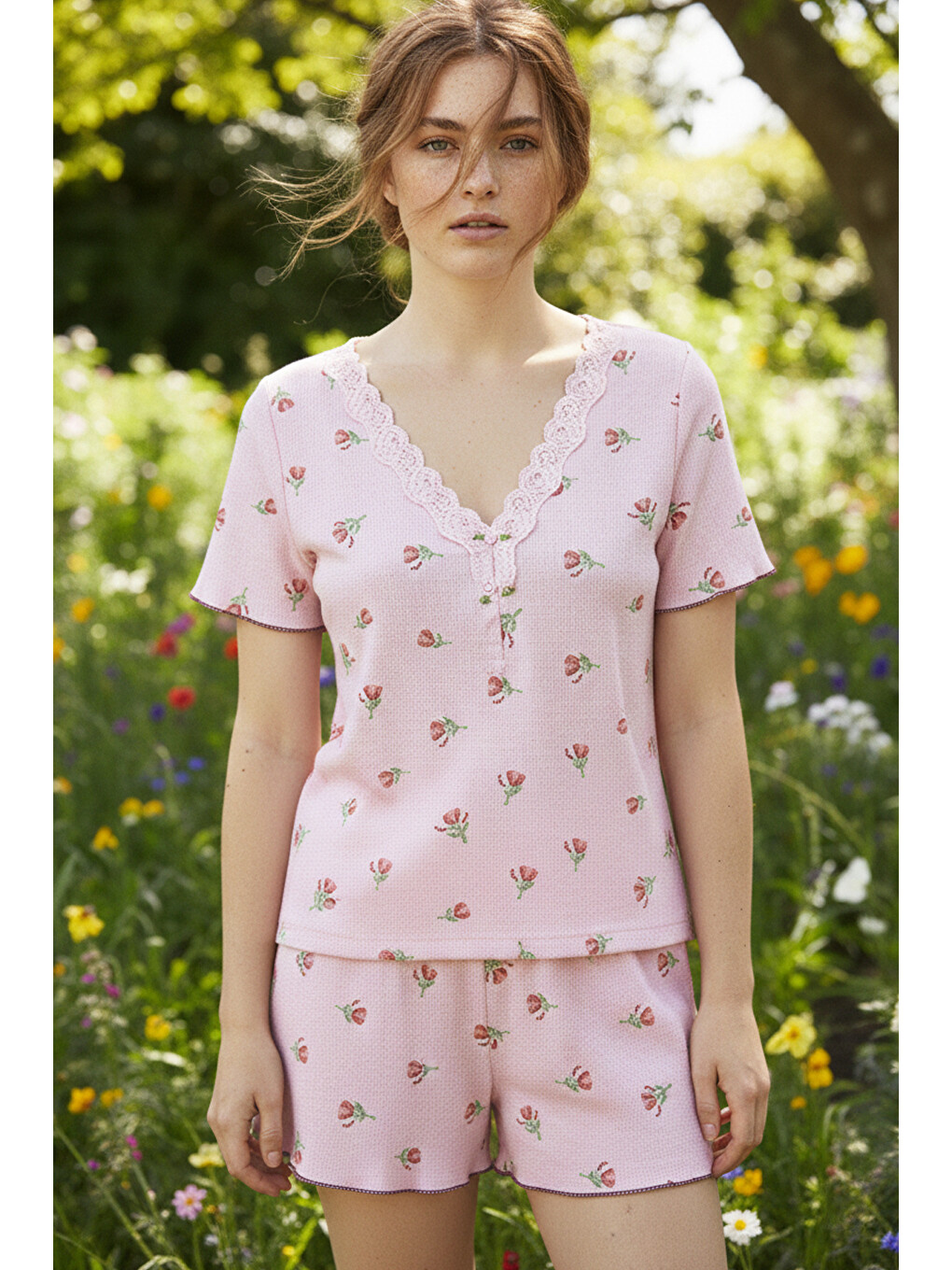 Pembe Somon Desenli Dantelli Bürümcük-krınkıl Kısa Kollu Şortlu Pijama Takım 26120227