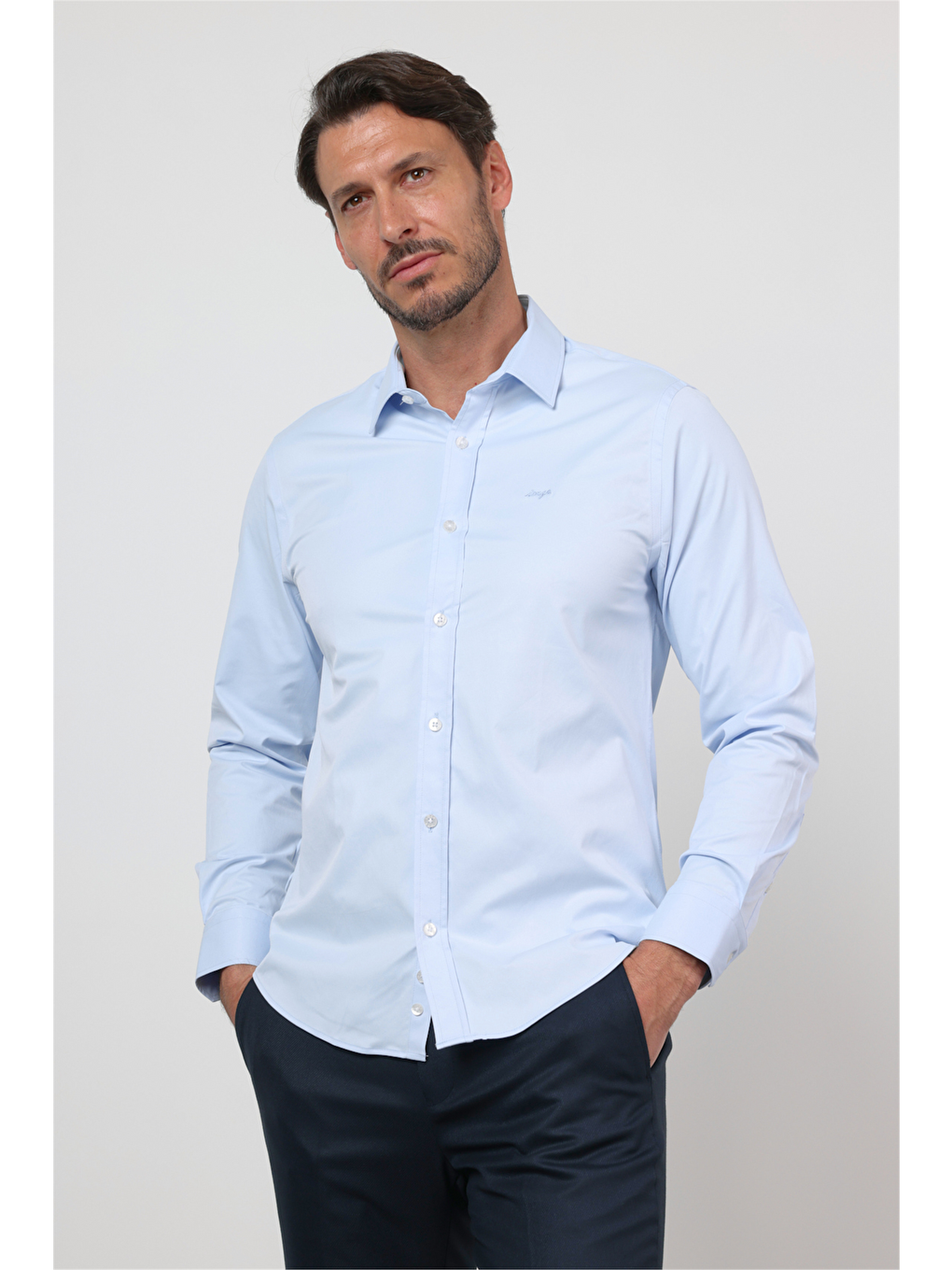 Mavi Sert Yaka Uzun Kol Cepsiz Slim Fit Pamuklu Gömlek 1004260213-2