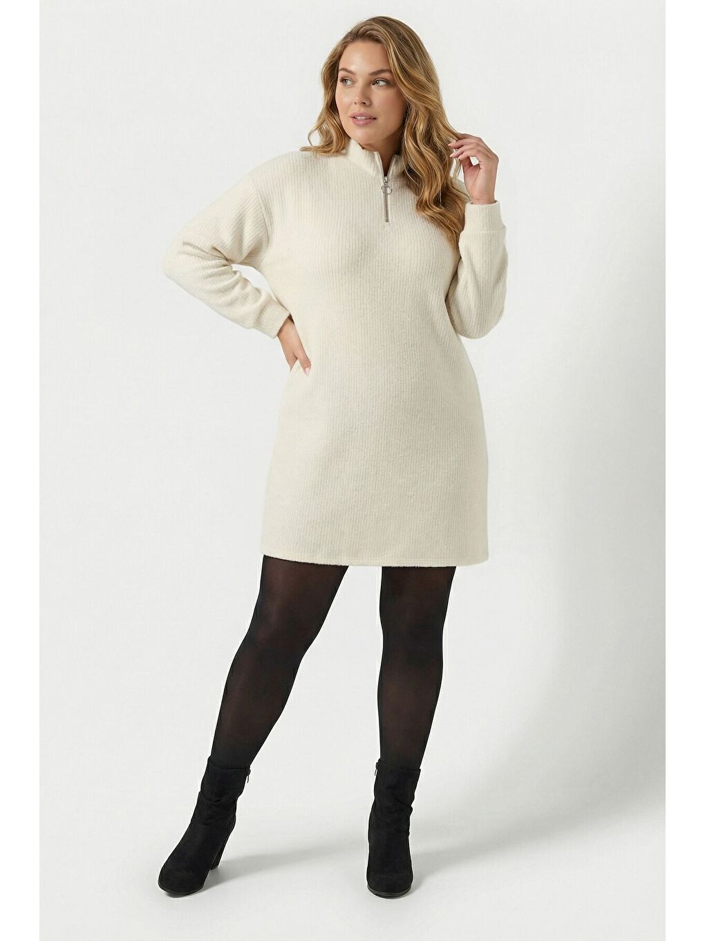 Ekru Büyük Beden Krem Fermuarlı Elbise 303967-1