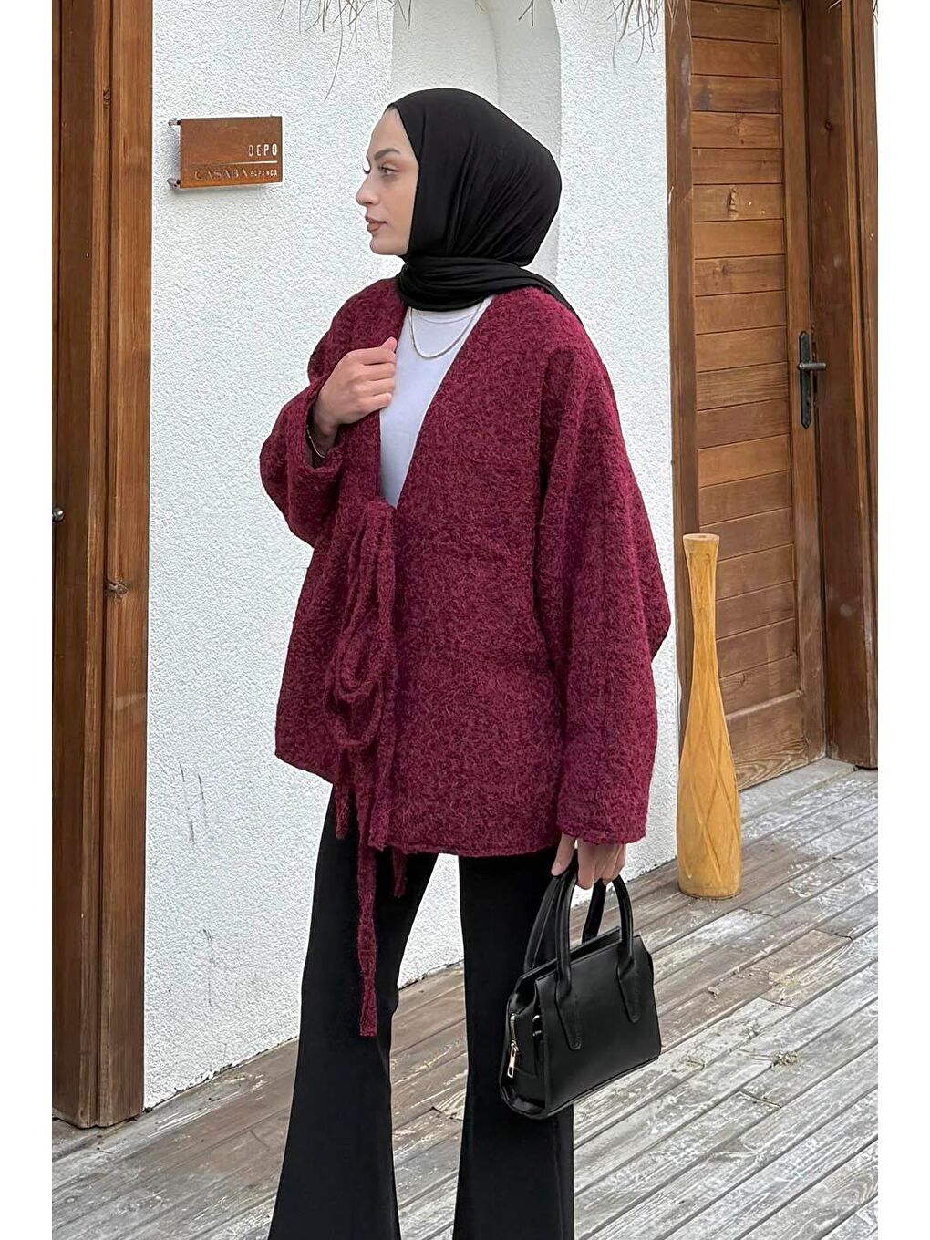 Bağlamalı Kaşe Kimono Bordo-1