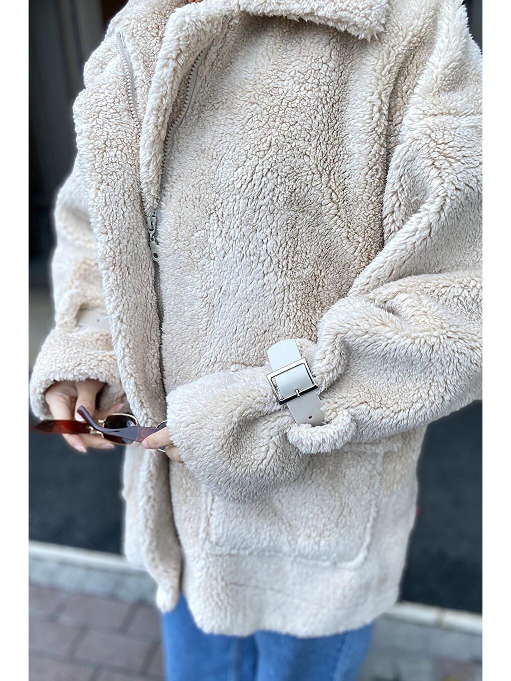 Bej Kol Detaylı Fermuarlı Teddy Mont Taş-3