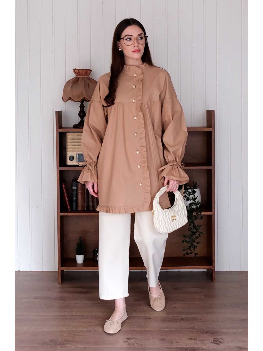 Bej Karamel Kolu Büzgülü Gömlek-7