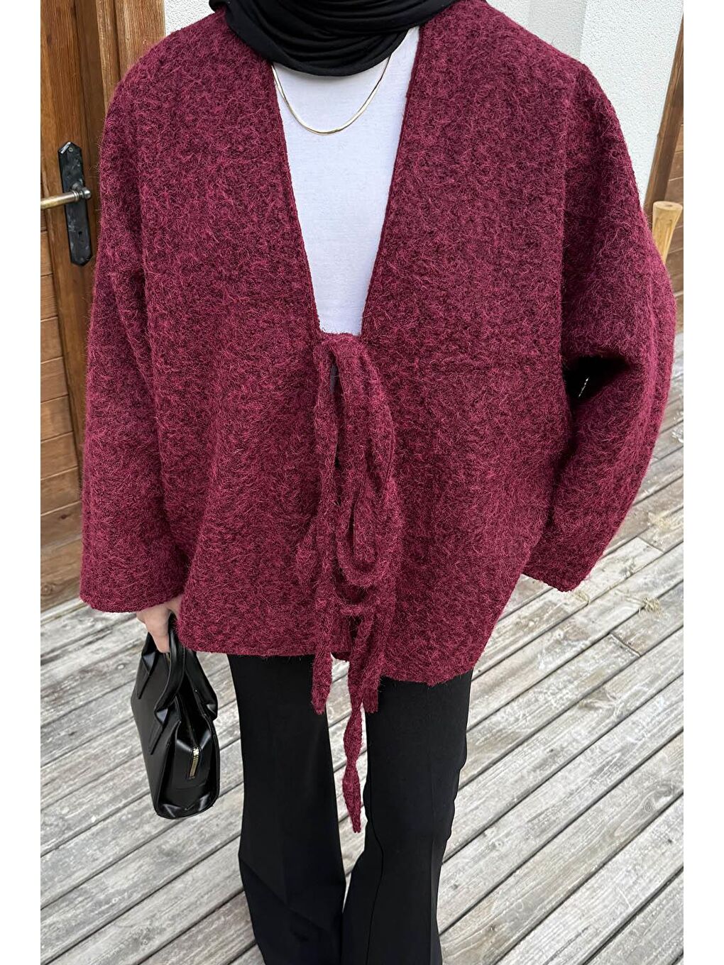 Bağlamalı Kaşe Kimono Bordo-2