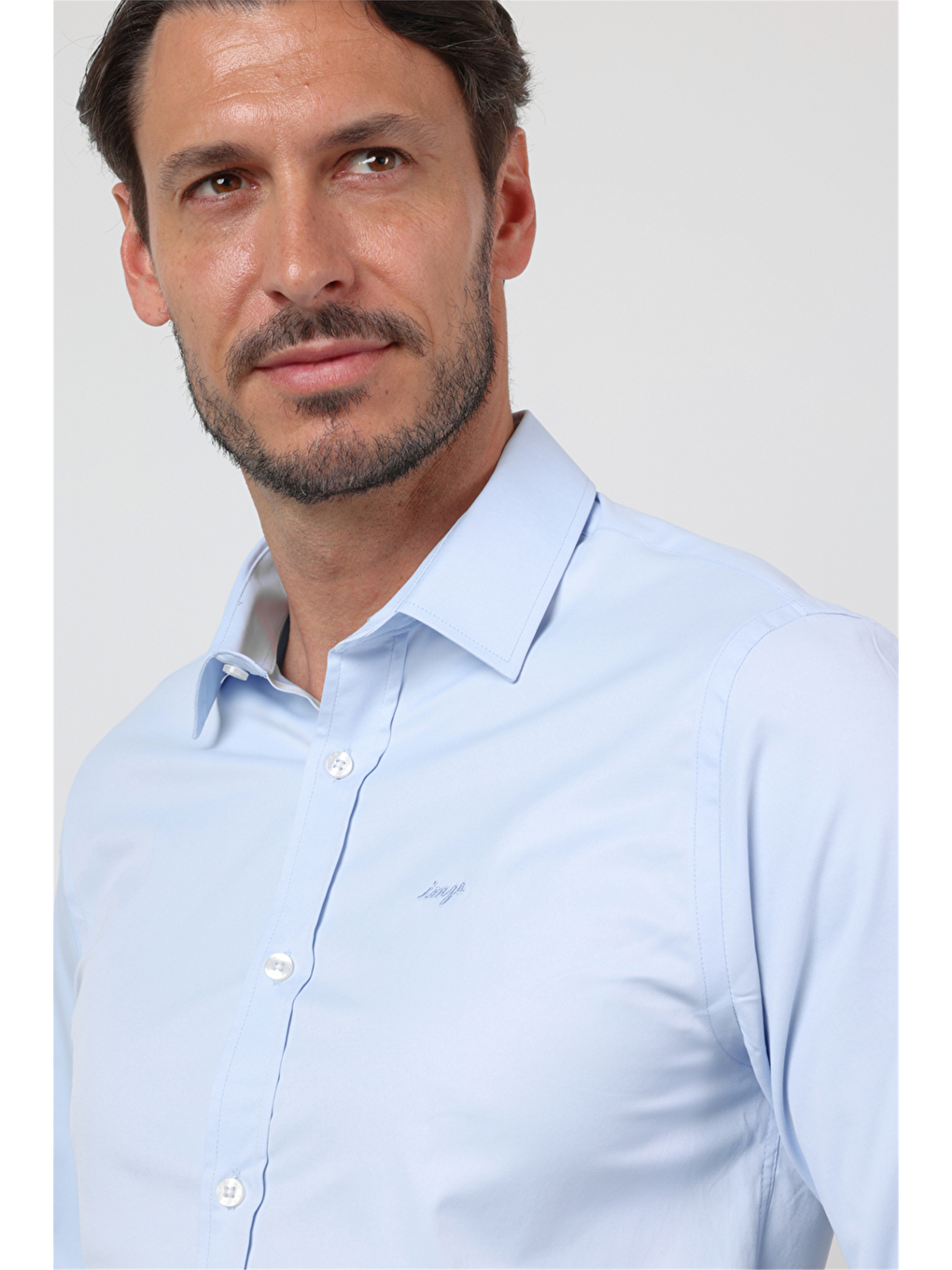 Mavi Sert Yaka Uzun Kol Cepsiz Slim Fit Pamuklu Gömlek 1004260213-3