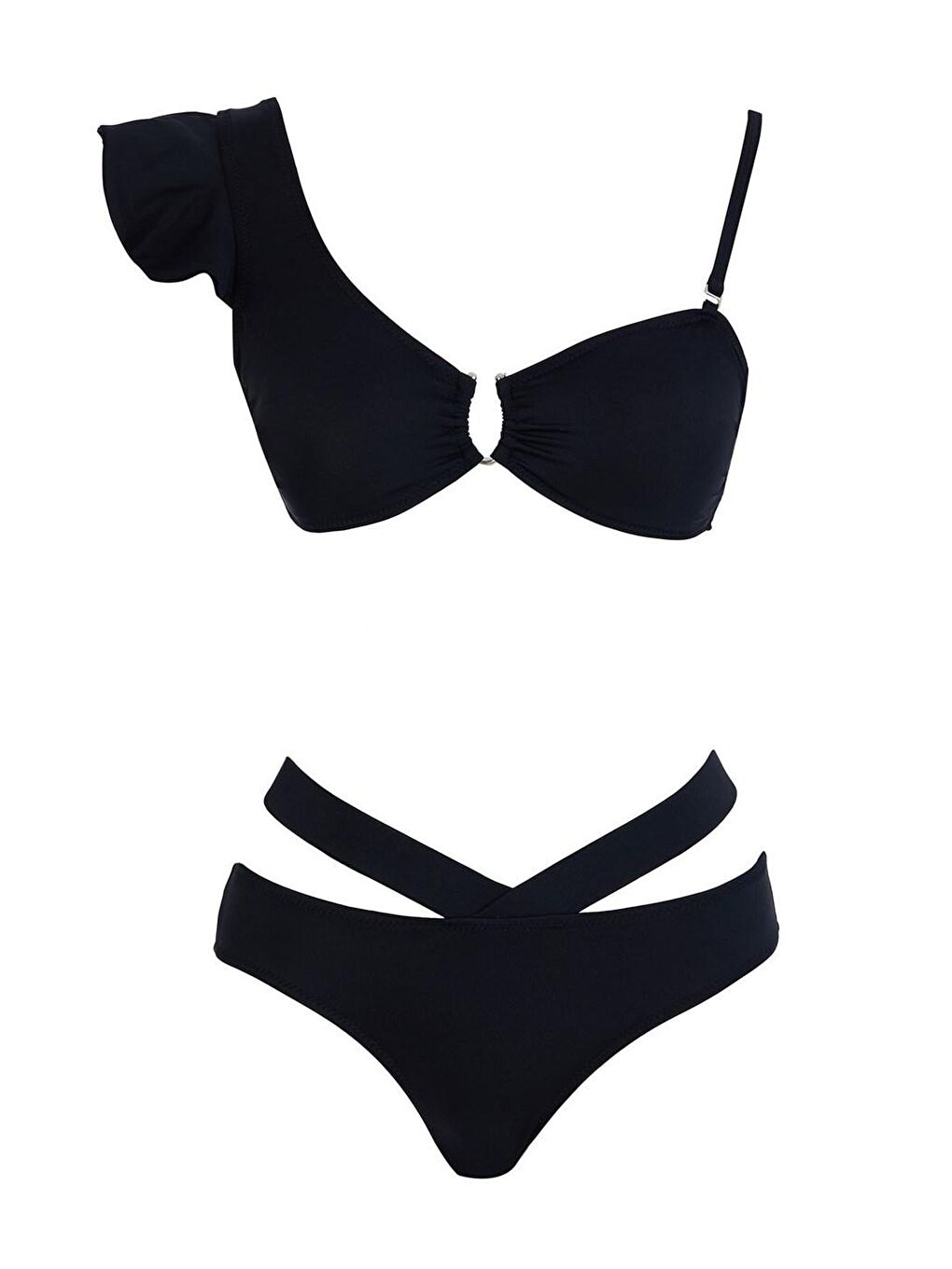 SAILOR moda Siyah V Yaka Volanlı Bikini Takım