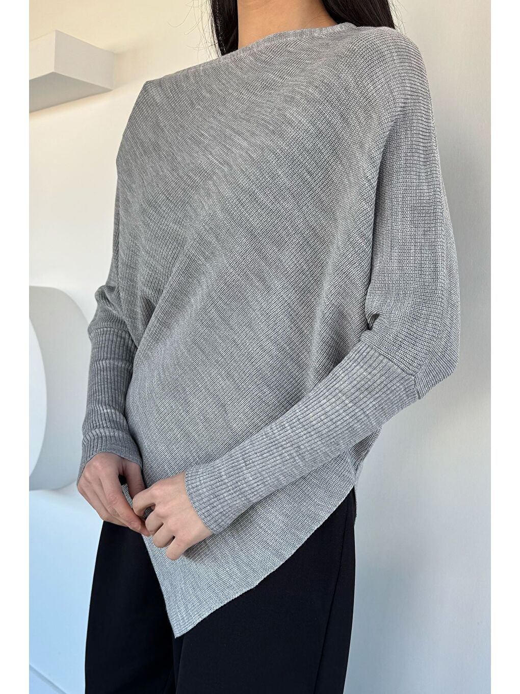 Gri Asimetrik Kesim Triko Kazak-2