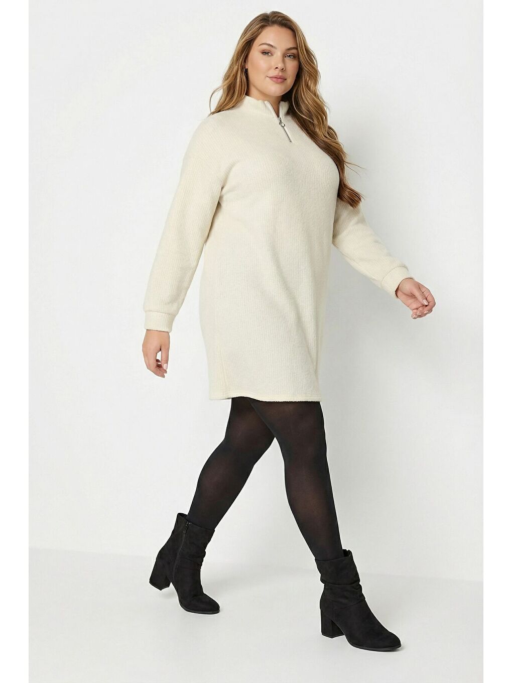 Ekru Büyük Beden Krem Fermuarlı Elbise 303967-3