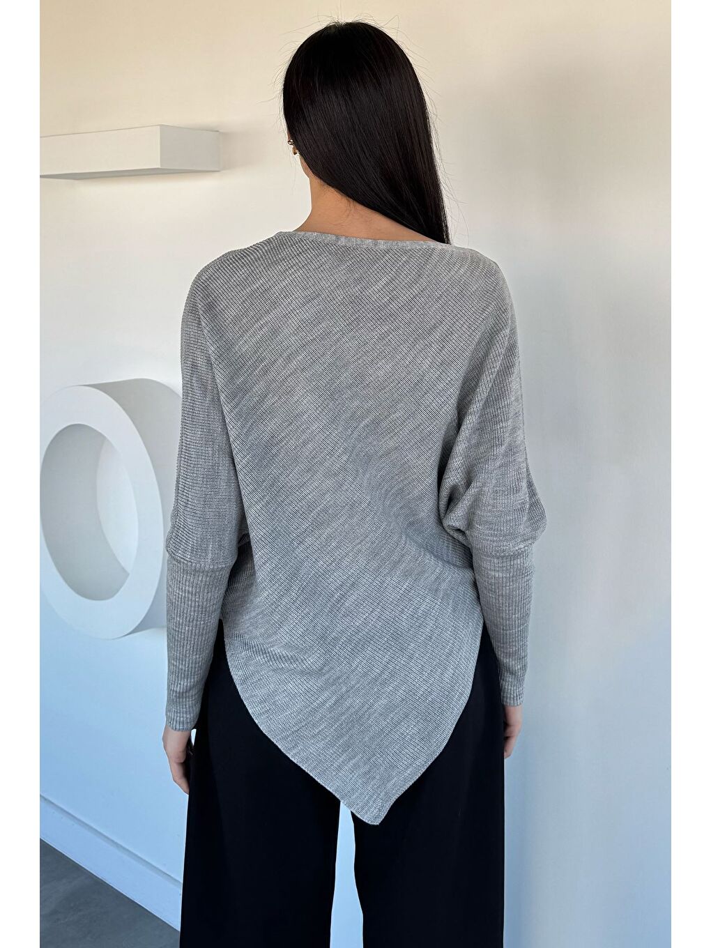 Gri Asimetrik Kesim Triko Kazak-3