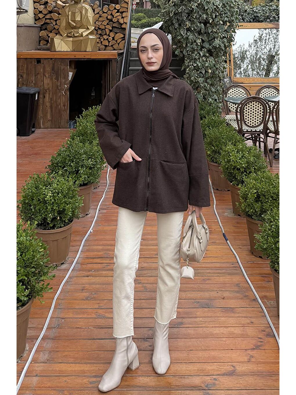 Fermuarlı Tesettür Ceket Acı Kahverengi