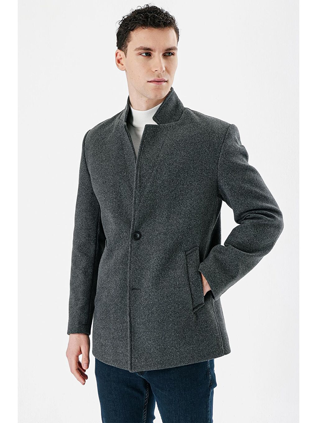 Koyu Antrasit Kaşe Dik Yaka Astarlı Slim Fit Dar Kesim Casual Mont 1007235170
