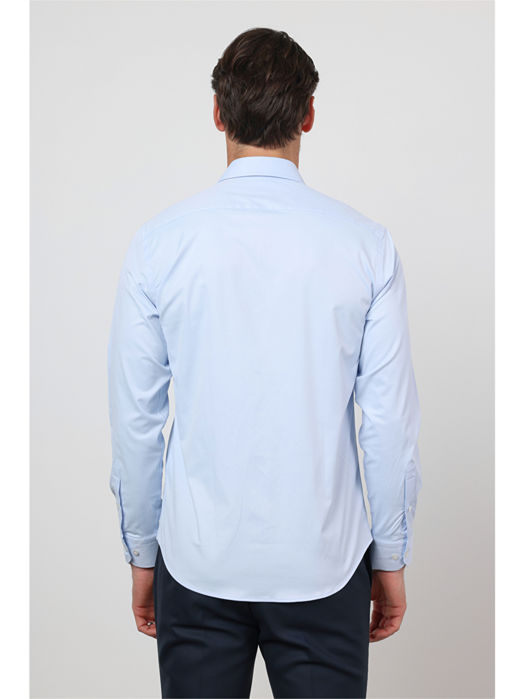 Mavi Sert Yaka Uzun Kol Cepsiz Slim Fit Pamuklu Gömlek 1004260213-4