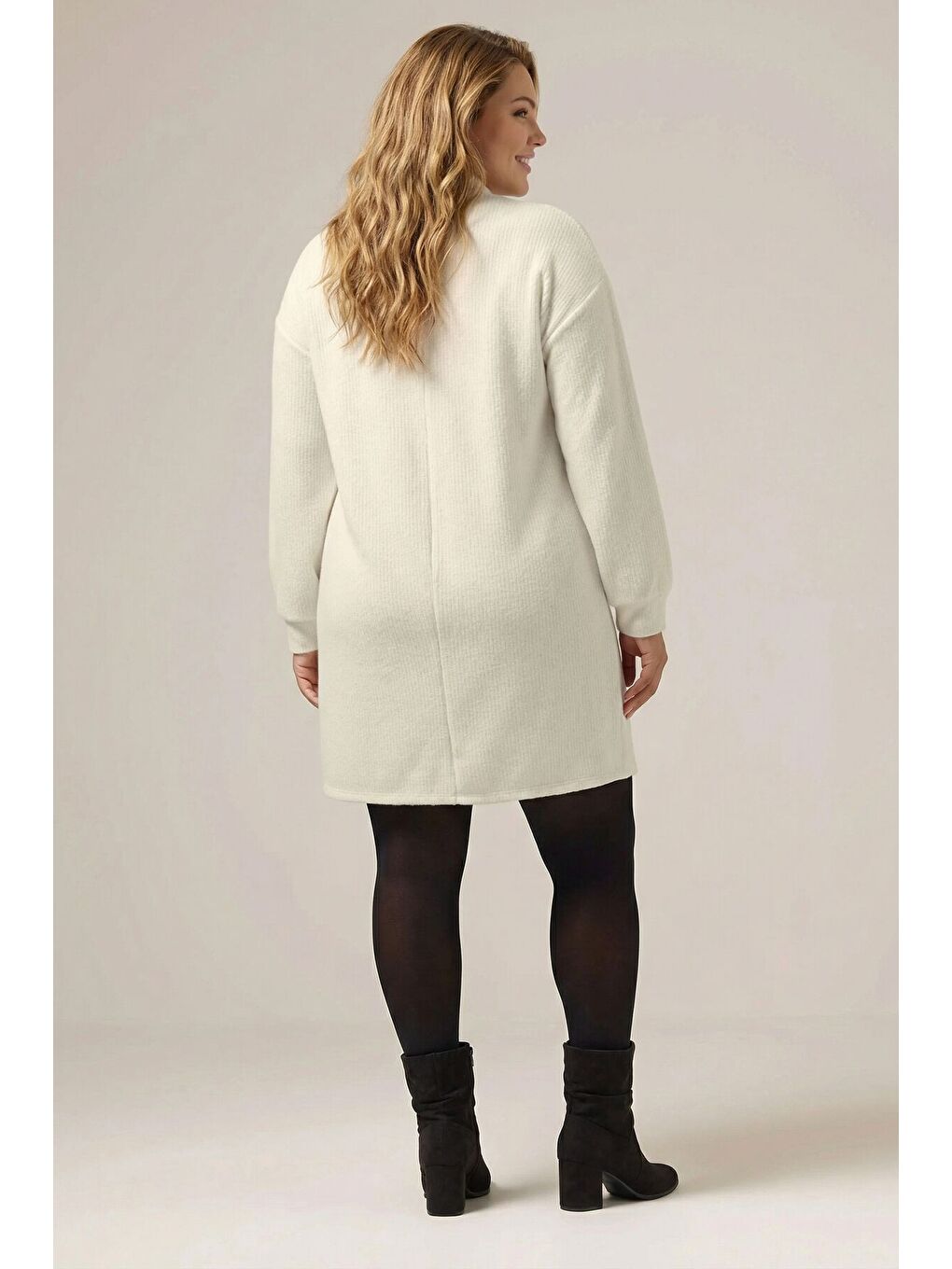 Ekru Büyük Beden Krem Fermuarlı Elbise 303967-4