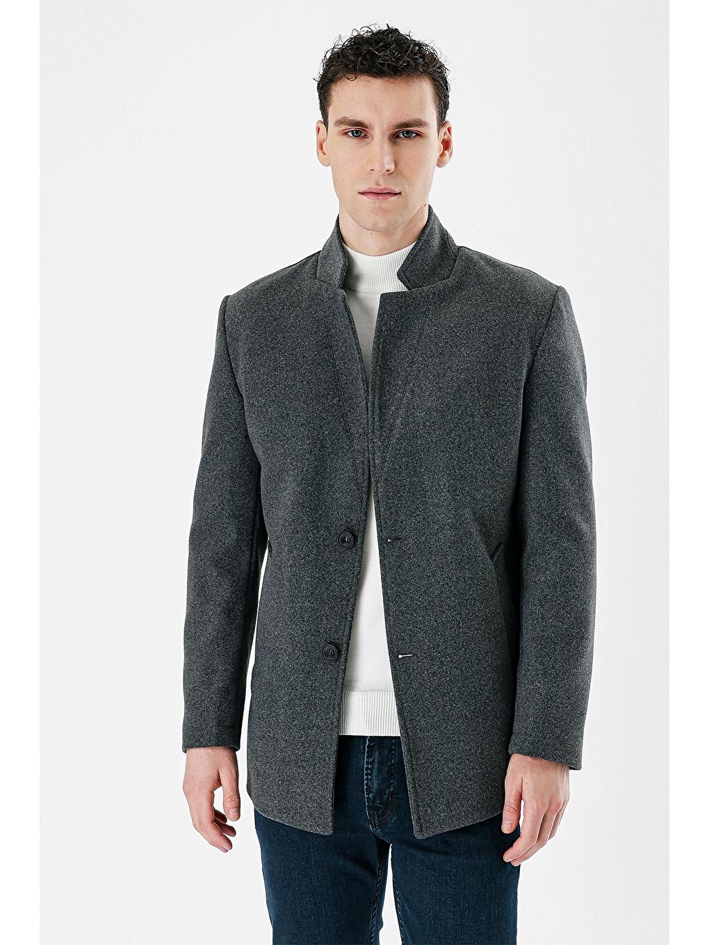 Koyu Antrasit Kaşe Dik Yaka Astarlı Slim Fit Dar Kesim Casual Mont 1007235170-1