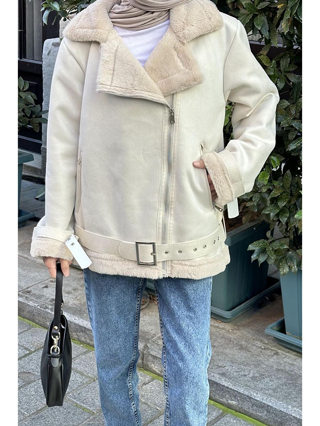 Bej Kürk Detaylı Süet Mont Taş-2