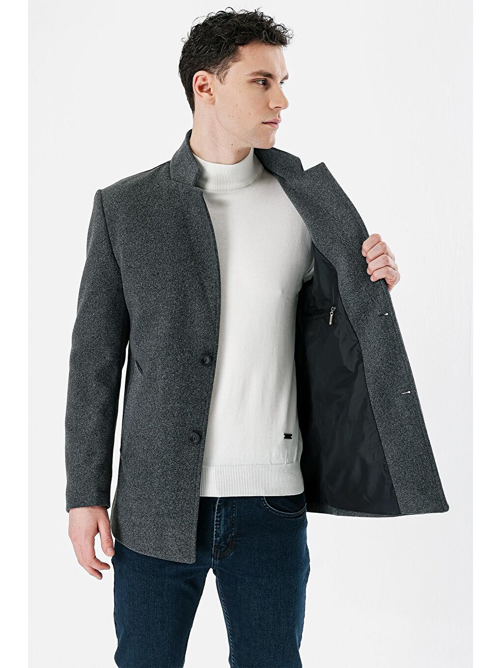 Koyu Antrasit Kaşe Dik Yaka Astarlı Slim Fit Dar Kesim Casual Mont 1007235170-2