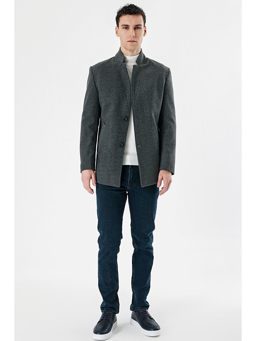 Koyu Antrasit Kaşe Dik Yaka Astarlı Slim Fit Dar Kesim Casual Mont 1007235170-3